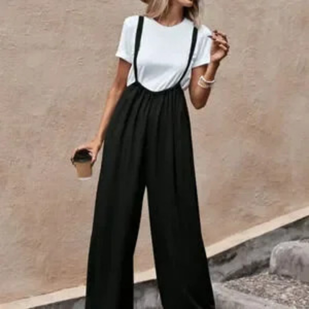 ZARA Black Casual Women's Solid Wide Leg Suspender Jumpsuit Without Tee